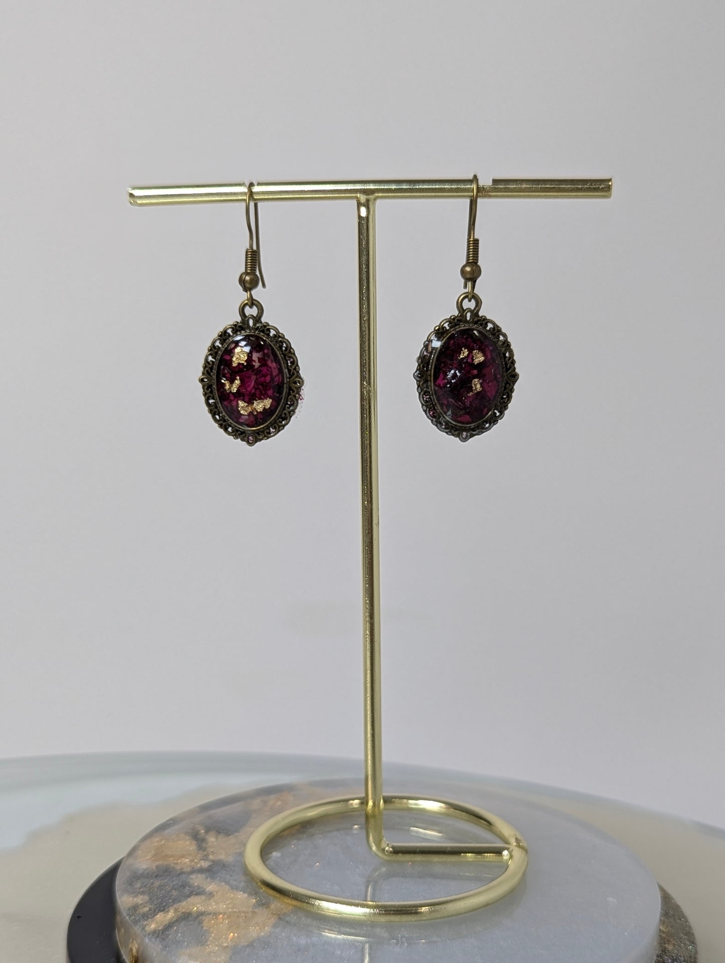 Bronze Resin Earrings with Rose Petals