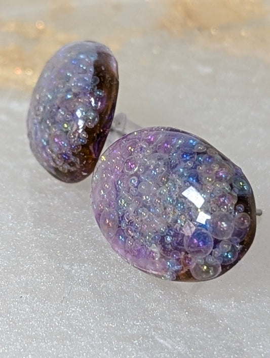 Lavender Resin Stud Earrings with Rainbow Bubbles